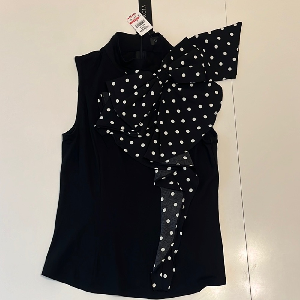 NWT Gracia Black Polka Dot Bow Top Size S